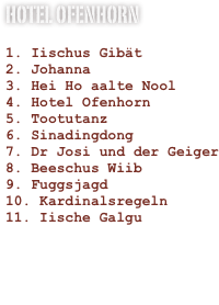 Hotel Ofenhorn
1. Iischus Gibät2. Johanna3. Hei Ho aalte Nool4. Hotel Ofenhorn5. Tootutanz6. Sinadingdong7. Dr Josi und der Geiger8. Beeschus Wiib9. Fuggsjagd 10. Kardinalsregeln11. Iische Galgu


Cardinalis - Live 2016

